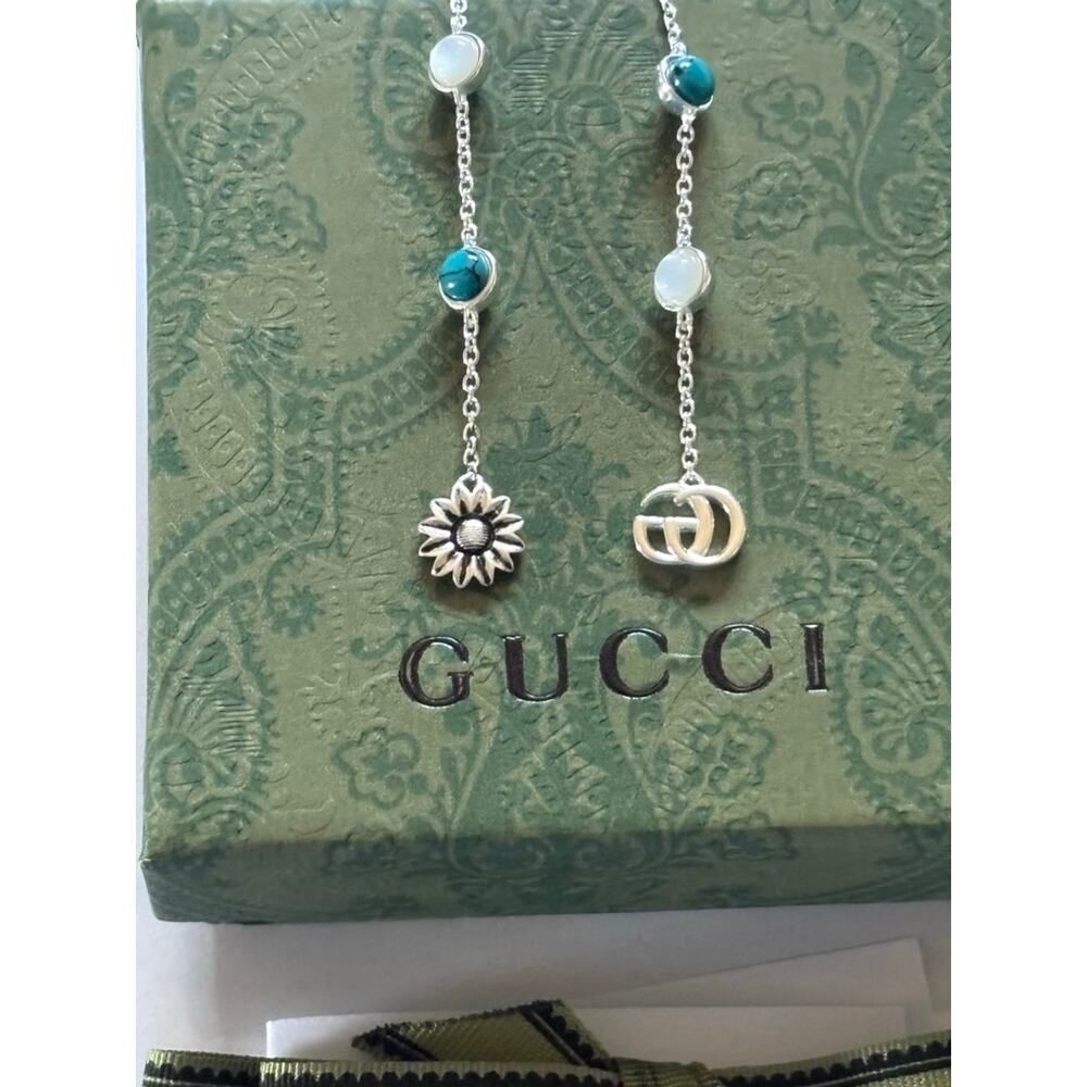 New Pair Gucci Interlocking G Flower Pearl Women Silver Ag925 Drop Earrings